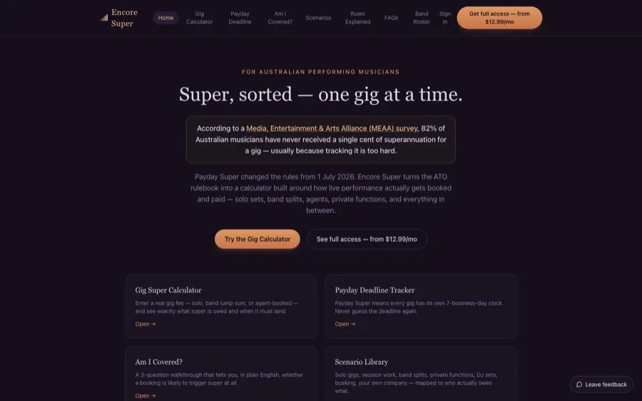 Encore Super website homepage