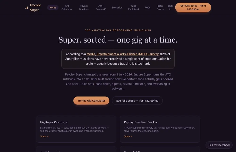 Encore Super website homepage, a web application designed and built by Golden Lead Generation